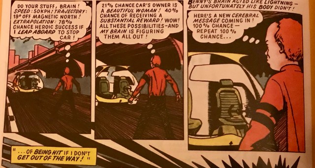 3 cells from comic strip 'Benny's Story' showing Benny laboriously calculating mutiple factors about a car speeding out of control towards him. It ends with an inevitable crunch.