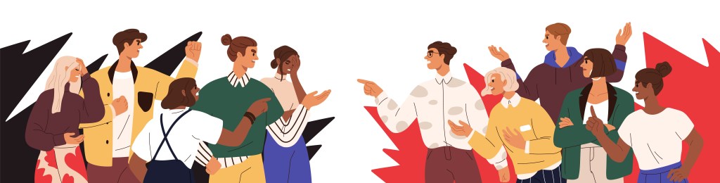 Just an image showing conflict between two groups of people metaphorically arguing from libertarian and social justice perspectives. But really it's just colour.