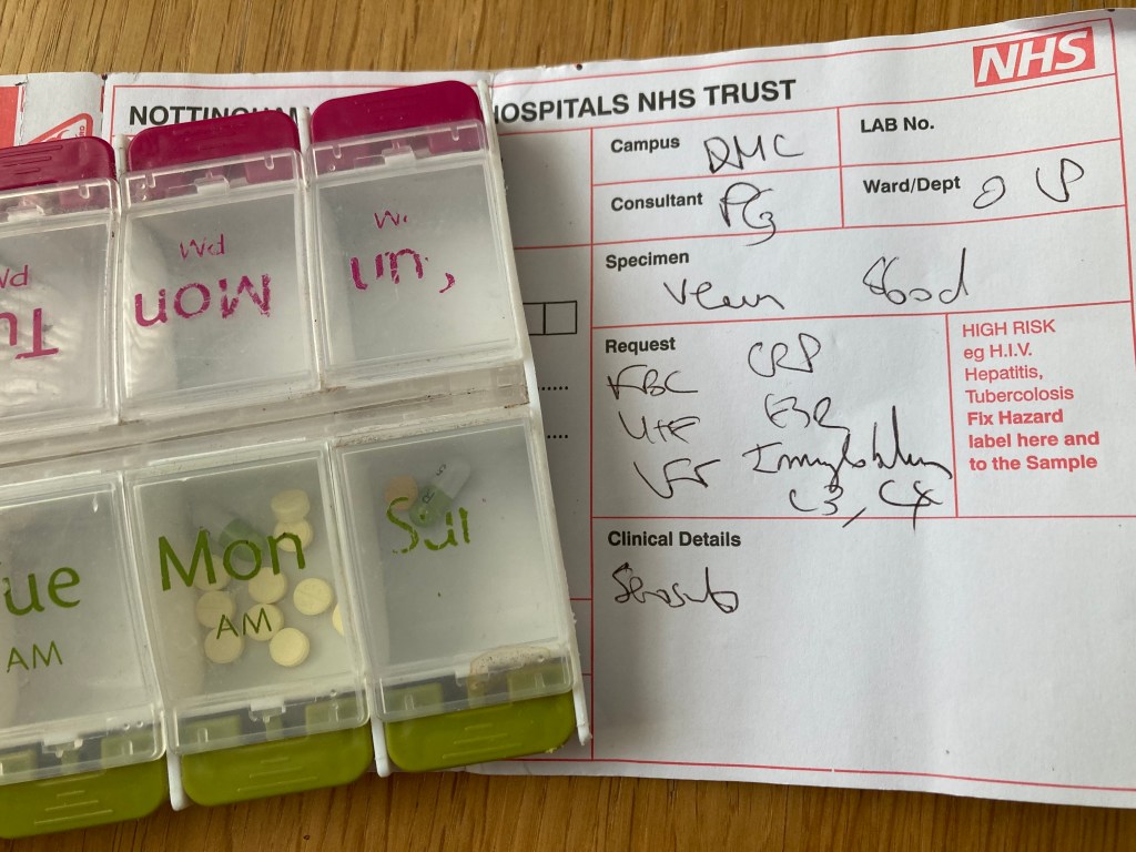 Just a photo of blood forms and medicine